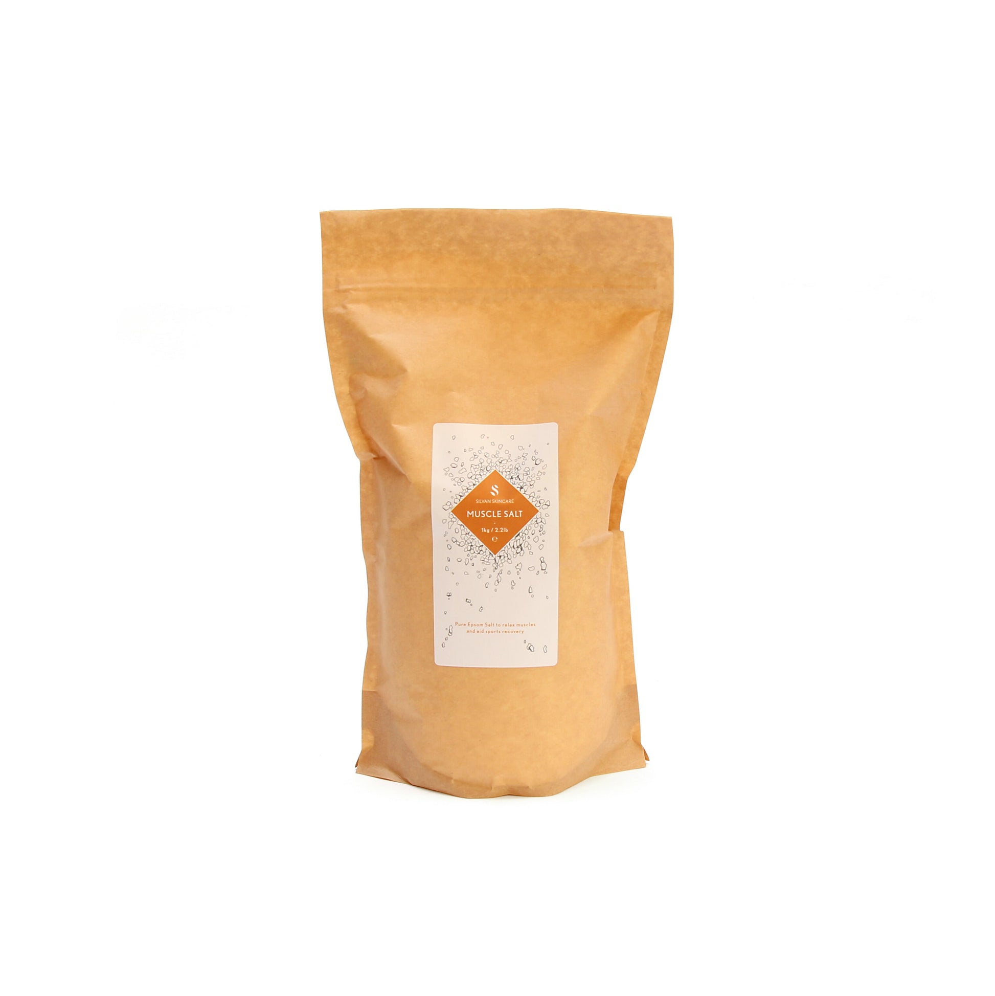 A brown bag of the relax salt of muscle skin salt on a white background. It has a white label and an orange diamond in the middle, listing the product and brand name.