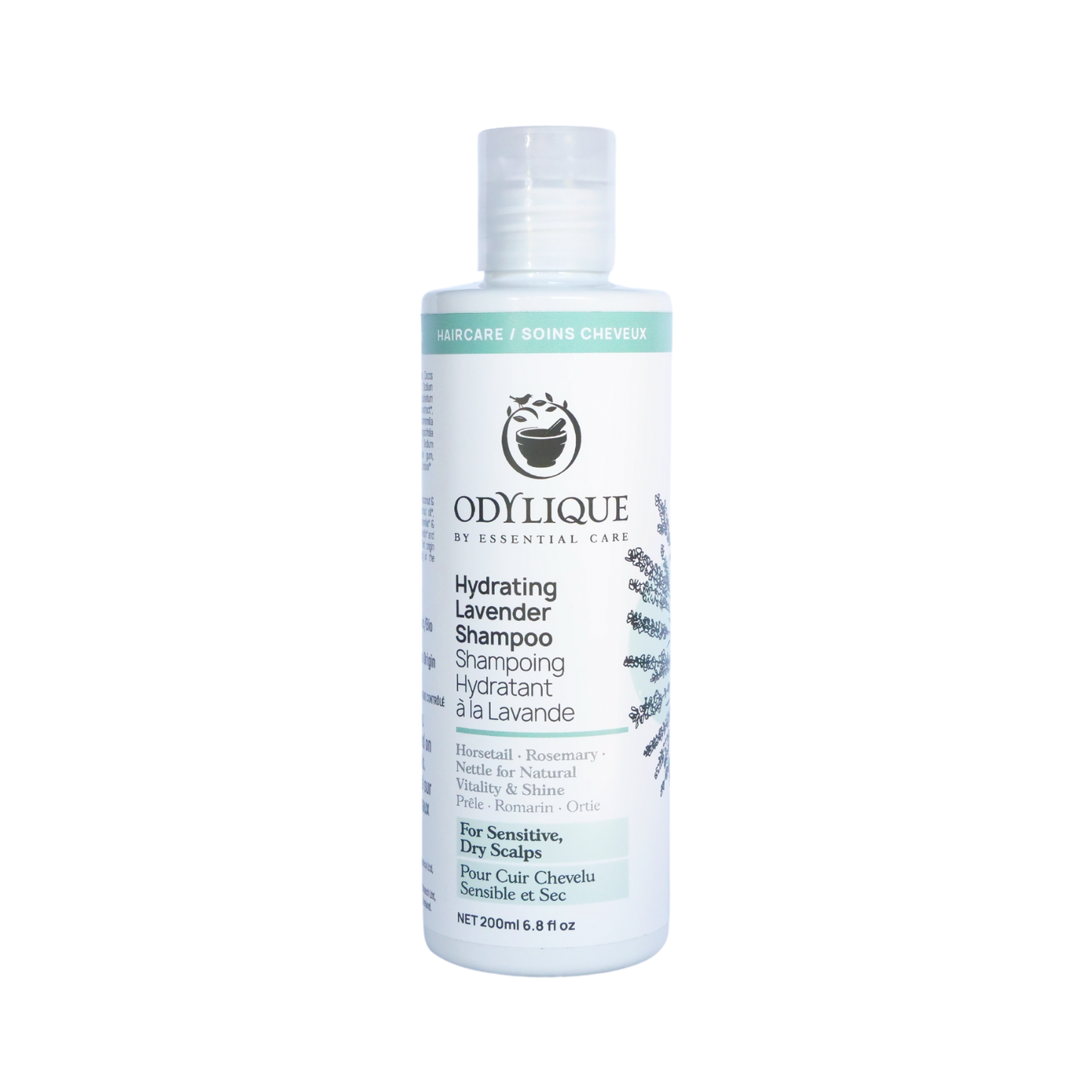 white bottle of hydrating lavender shampoo from odylique. bottle as n illustration of lavender on the side and light sea green accents on the neck and key text