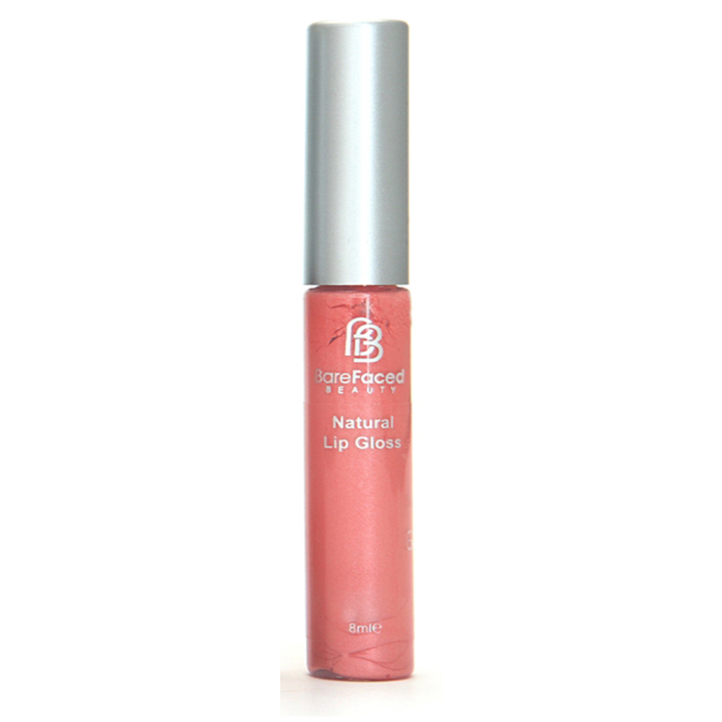 BareFaced Beauty Natural Mineral Lip Gloss in Blissful. Natural lip gloss. The mineral lip gloss is pictured in a clear plastic tube with a silver lid, and the logo in silver. The shade is a salmon pink.