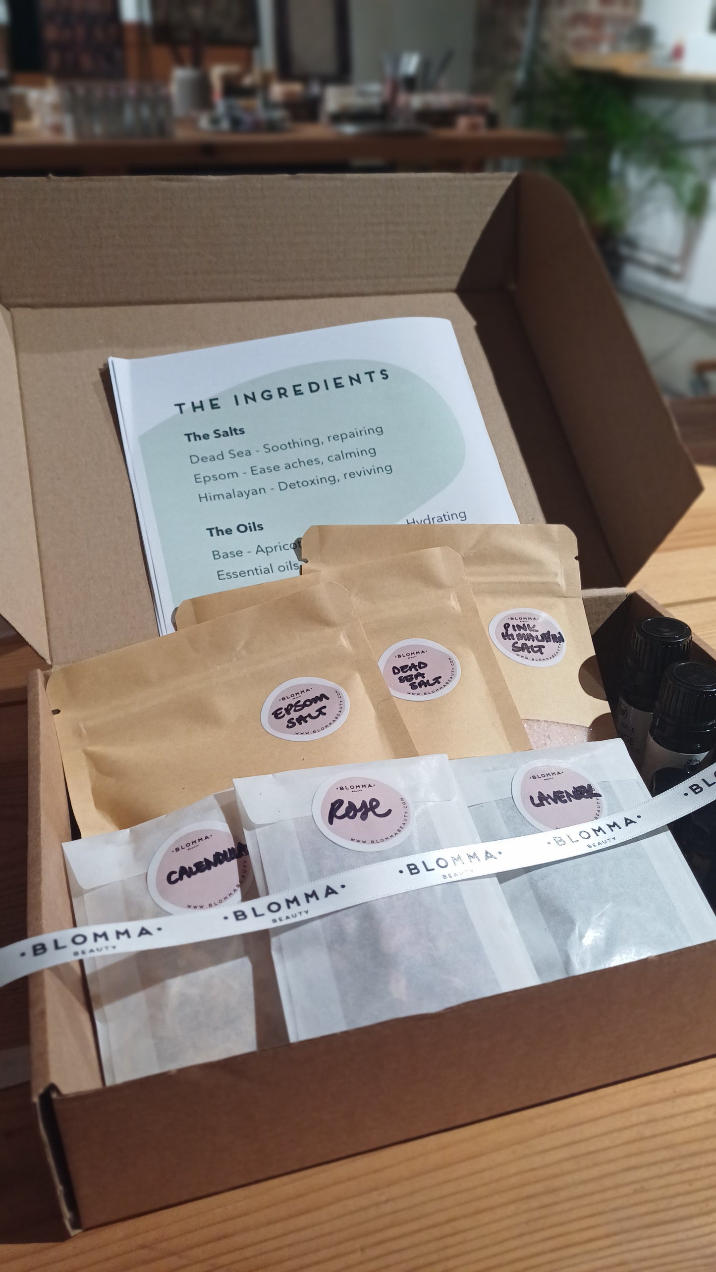 bath salt making kit wrapped up with blomma beauty ribbon