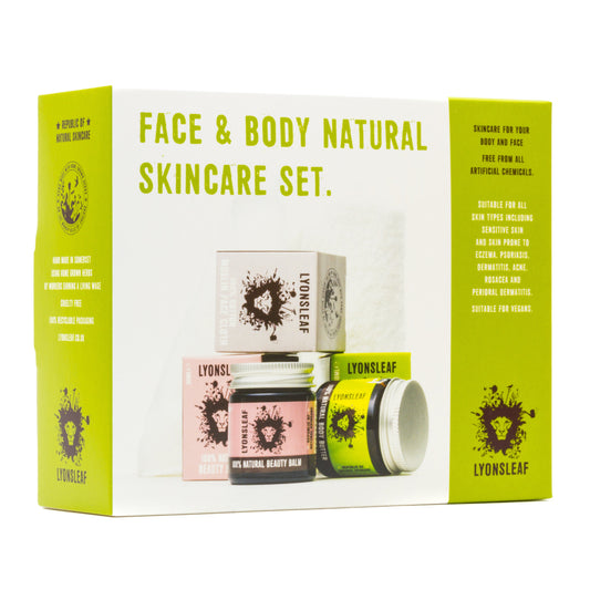 lyonsleaf face and body natural skincare set in a white box with green accents on it on a white background