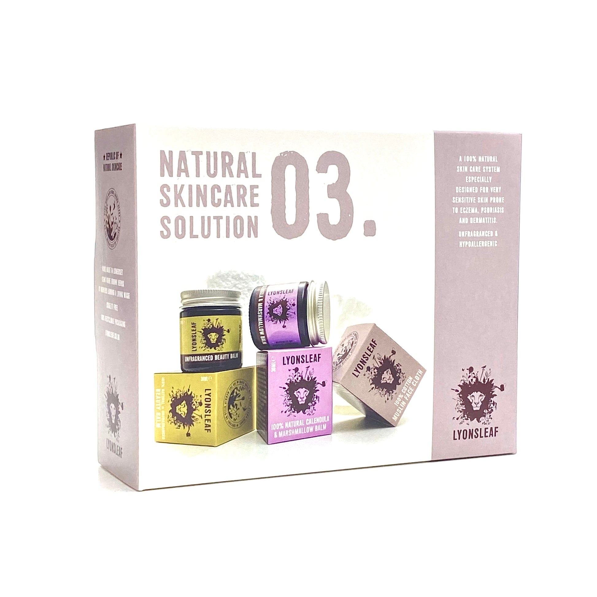 A white box with "Natural Skincare Solution 03" written on it contains three skincare products: a jar of unfragranced beauty balm, a jar of calendula and marshmallow balm, and a cotton cloth. The brand name "Lyonsleaf" is visible on the box.