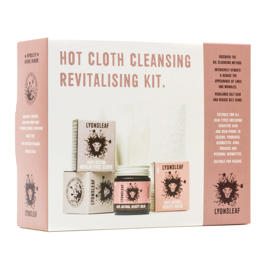 photo of lyonsleaf hot cloth cleansing kit on a white background. in the photo you can see the outer box of the kit which is white with a dusky rose pink accents. The box text reads ' hot cloth cleansing revitalising kit. discover the hot cleanser method. intensely hydrate and balance the appearance of lines and.wrinkles. rebalance. your skin. suitable for all skin types including sensitive skin or skin prone to eczema, psoraisis, dermatitis, rosacea and perioral dermatitis. suitable for vegans' 