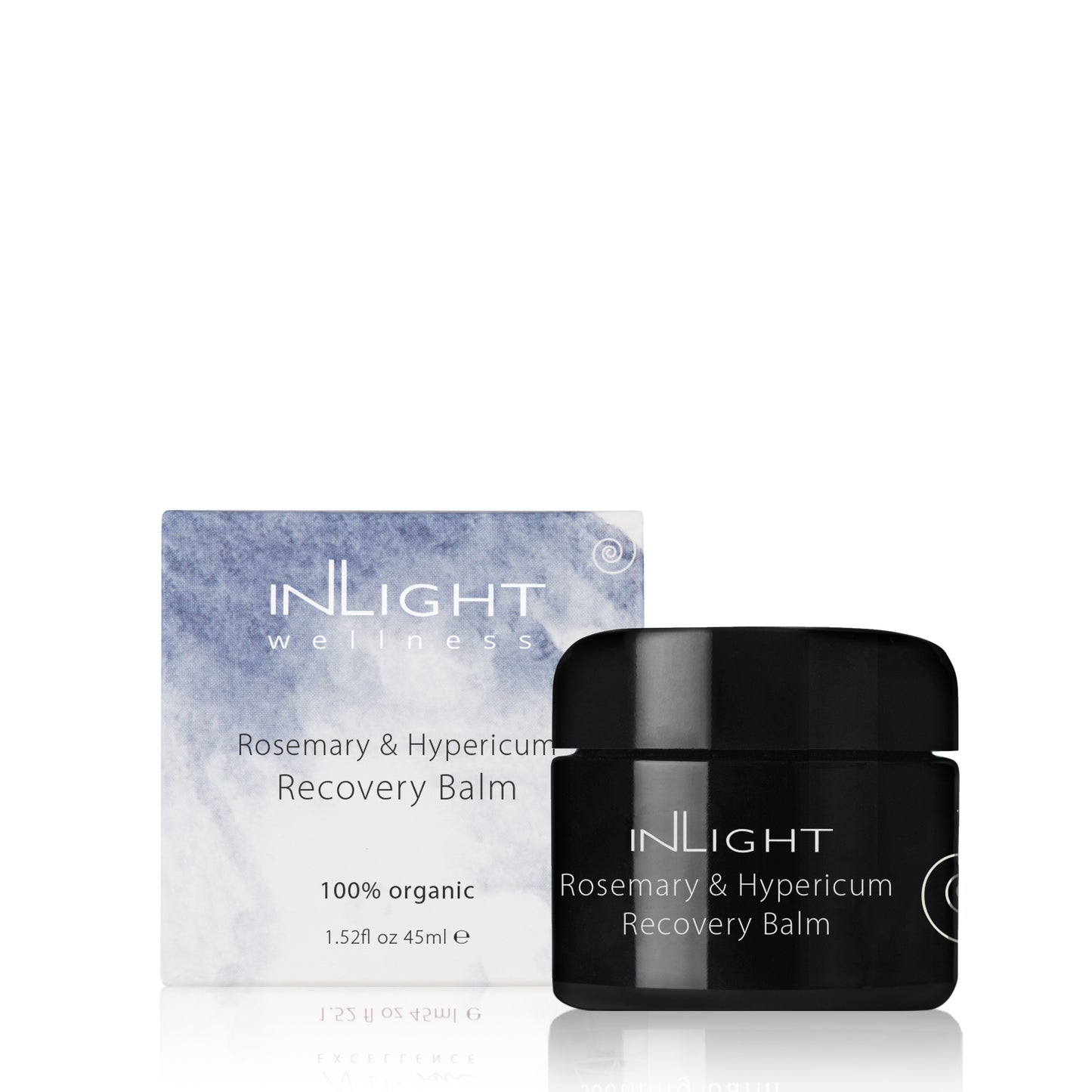 blue square box and black glass jar containing inlight beauty's 100% organic rosemary and hypericum recovery balm