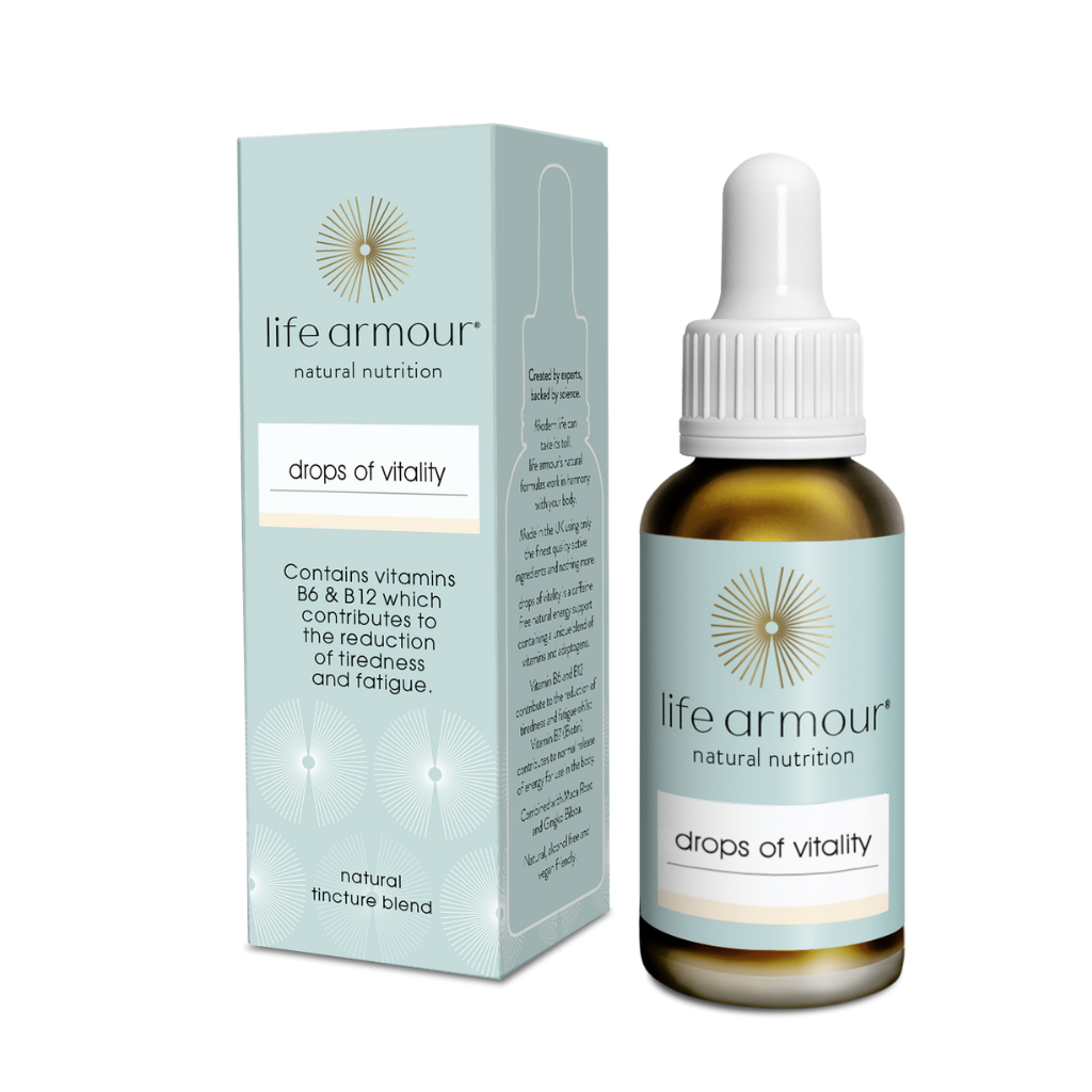 The image shows a bottle of "Life Armour Drops of vitality” with a dropper top, positioned next to its light blue and white box packaging. The product lists the 100% natural ingredients and vitamins.