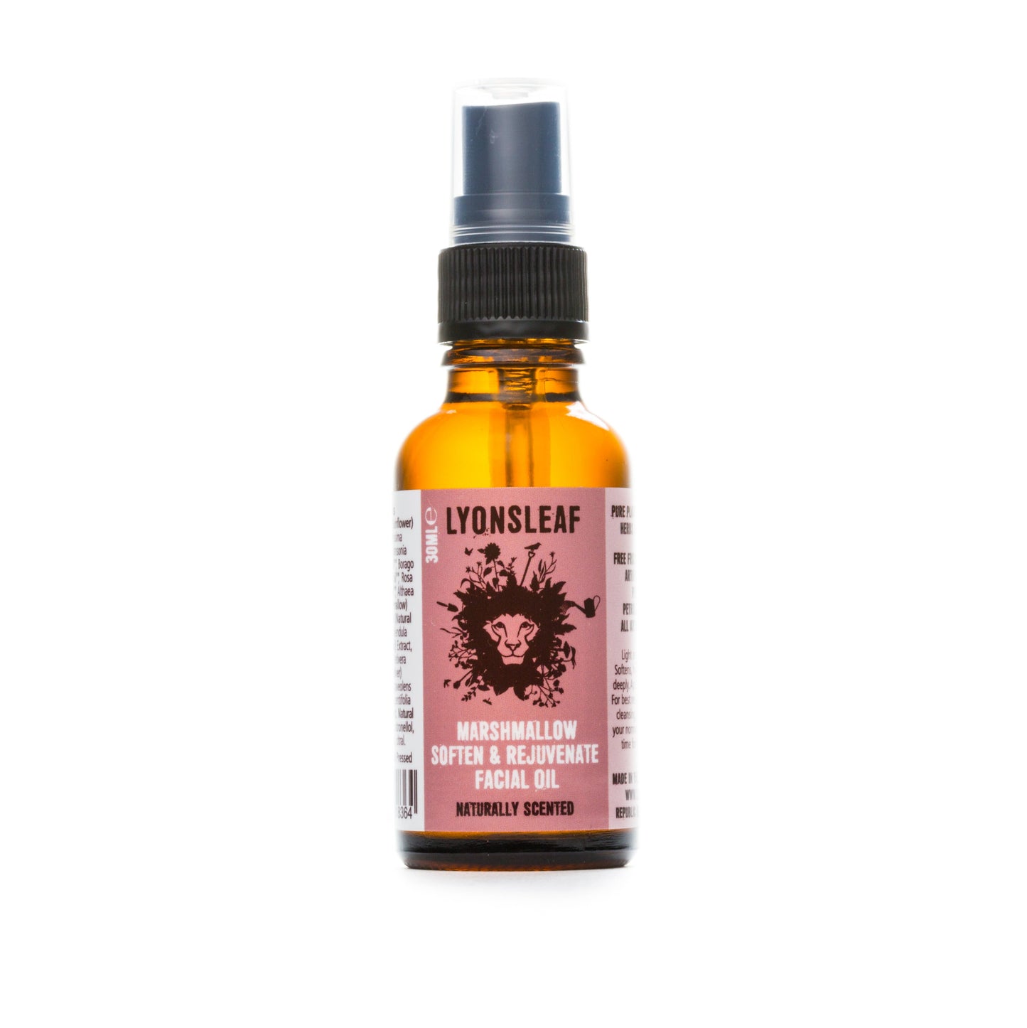 A small amber glass bottle with a pump dispenser labeled "Lyonsleaf Marshmallow Soften & Rejuvenate Facial Oil" in black text on a pink background. The bottle's label features a floral illustration.