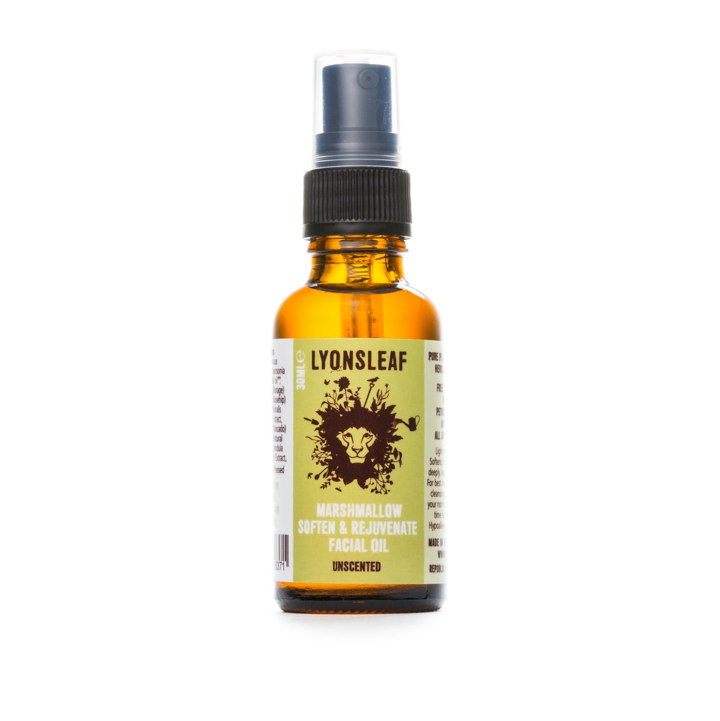 A small amber glass bottle with a pump dispenser labeled "Lyonsleaf Marshmallow Soften & Rejuvenate Facial Oil" in black text on a green background. The bottle's label features a floral illustration.