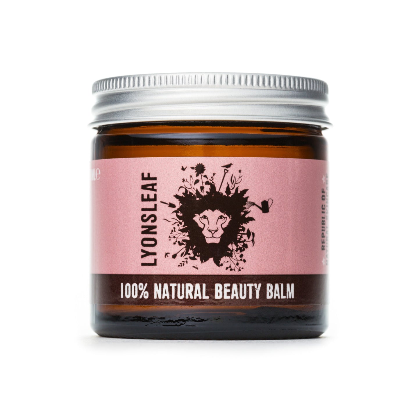 lyonsleaf beauty balm fragranced naturally. amber jar with aluminium lid with a dusky pink label that reads 'lysonleaf 100% natural beauty balm'