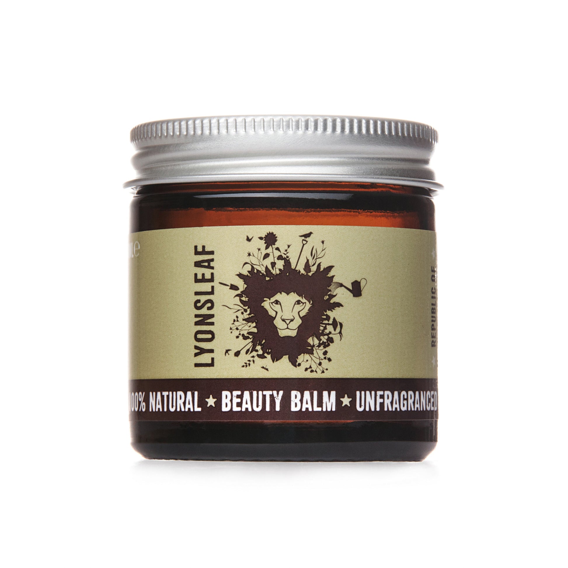 multipurpose fragrance free skincare balm from lyonsleaf in a brown glass jar with silver aluminium lid and a greyish brown label with a lions mane graphic on it on a white background