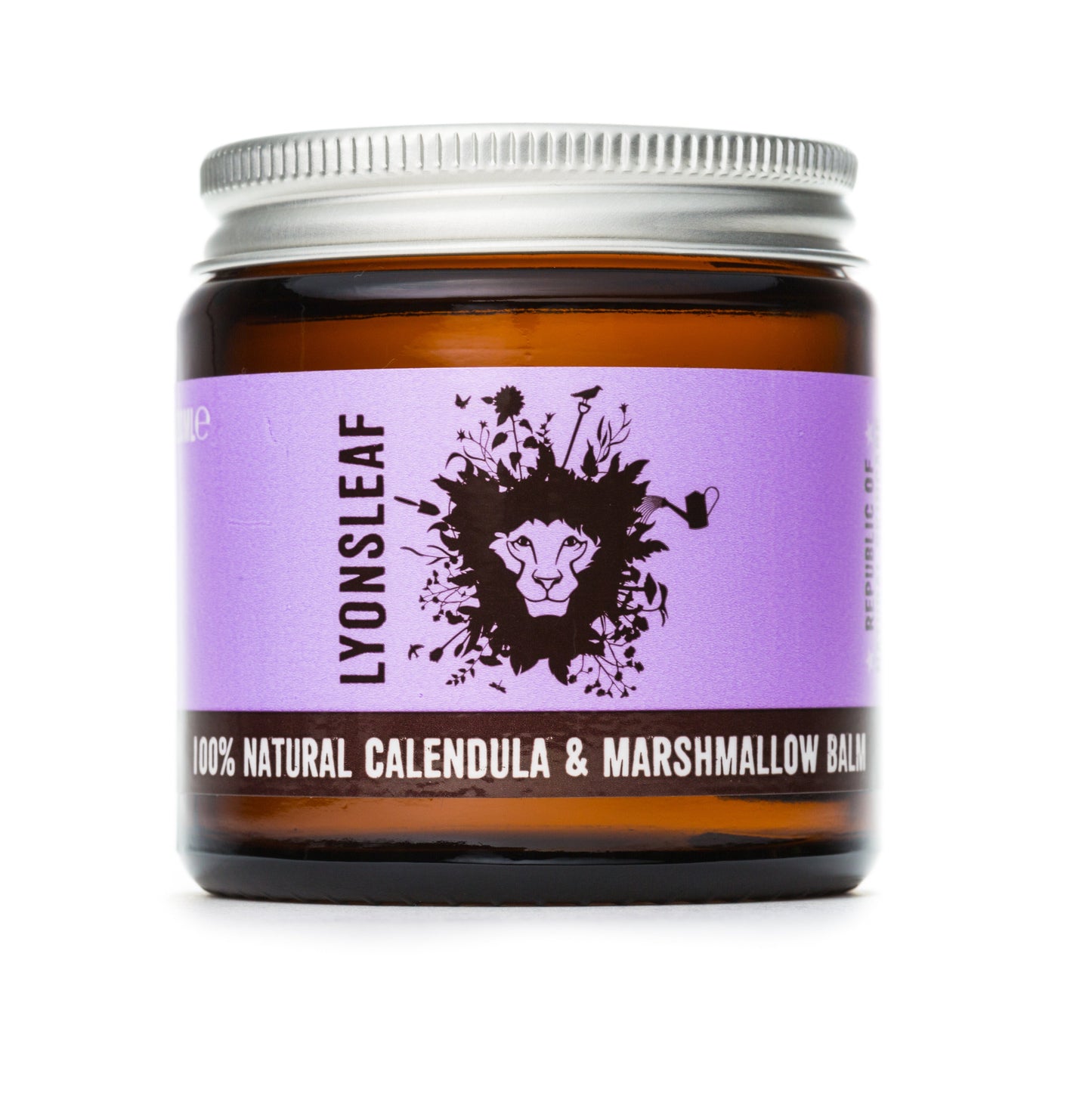 image of lyonsleaf marshmallow and calendula balm on a white background. 120ml brown glass jar with aluminium lid. the glass jar has a purple label