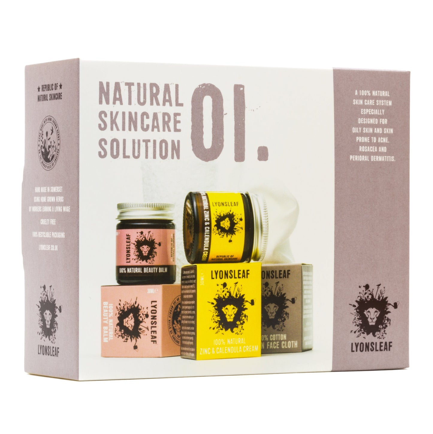 A rectangular box labeled "Natural Skincare Solution 01" from Lyonsleaf. Image displays various skincare products including a beauty balm, zinc and calendula cream, and a face cloth, in small containers positioned both inside and outside the box.