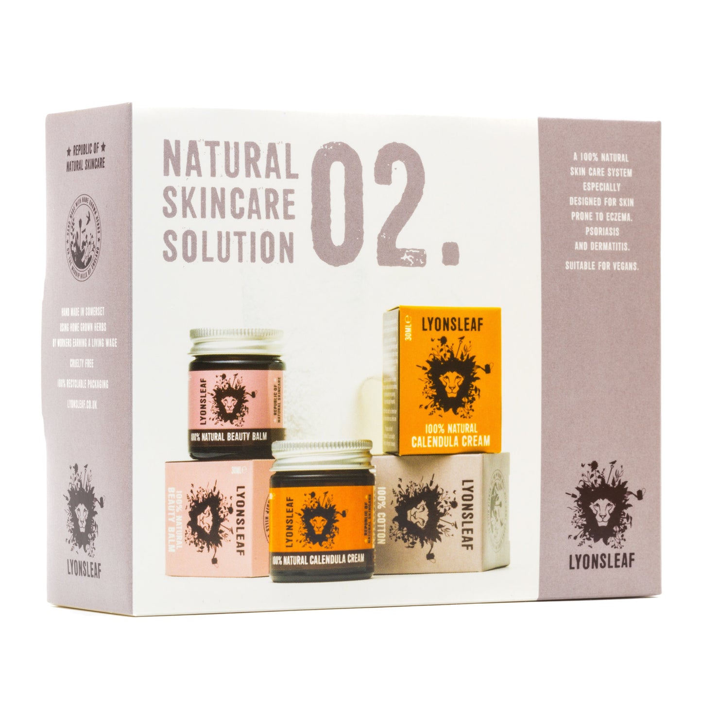 A white box containing Lyonsleaf Natural Skincare Solution 02. The box features images of included products: natural beauty balm, calendula cream, and other skincare items. The packaging highlights the products are suitable for vegans and use natural ingredients.