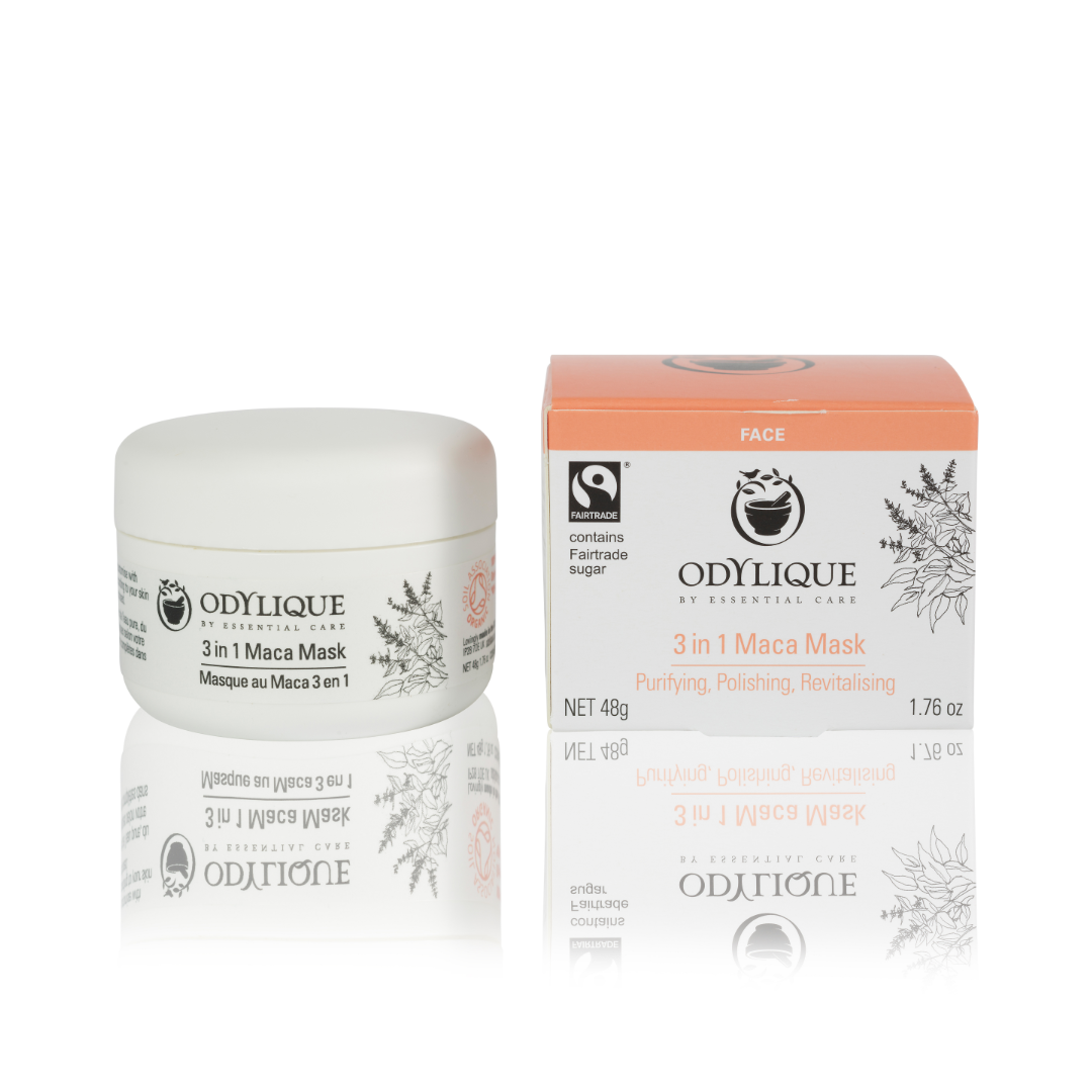 odylique clay and maca face mask pot and box on a white background