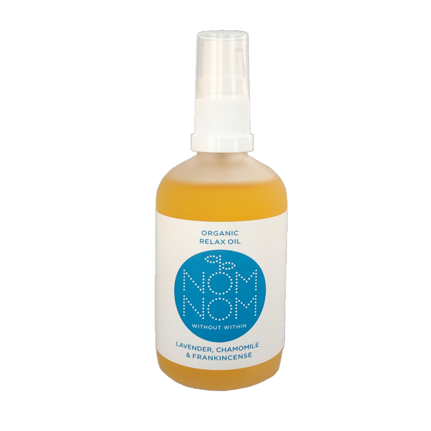 photo of nom nom's organic relax oil, a multipurpose natural oil blend for face and body. The bottle of oil is on a white background. the bottle is a slightly frosted bottle but you can still see the yellow coloured botanical oils inside it. the bottle has a plastic pump lid and a white label with blue accents. the label reads ' organic relax oil. nom nom without within, lavender chamomile and frankincense'