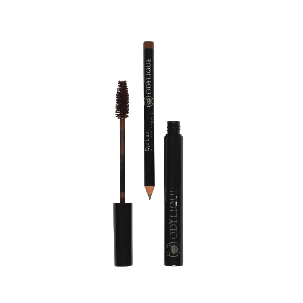 Brown mascara tube with brush and a brown eyebrow pencil, both in black packaging on a white background.