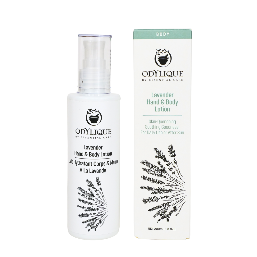 Photograph of Odylique Lavender Hand & Body Lotion. On the right, a bottle that has odylique logo with black text that reads ’Lavender Hand & Body Lotion’ and on the left, with green text that reads ’Lavender Hand & Body Lotion’ is the box containing the product