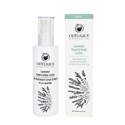 Photograph of Odylique Lavender Hand & Body Lotion. On the right, a bottle that has odylique logo with black text that reads ’Lavender Hand & Body Lotion’ and on the left, with green text that reads ’Lavender Hand & Body Lotion’ is the box containing the product