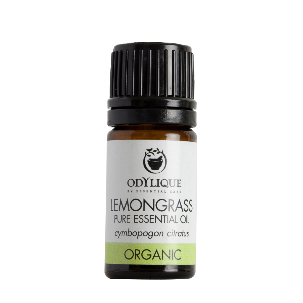 An amber glass dropper bottle of odylique lemongrass pure essential oil