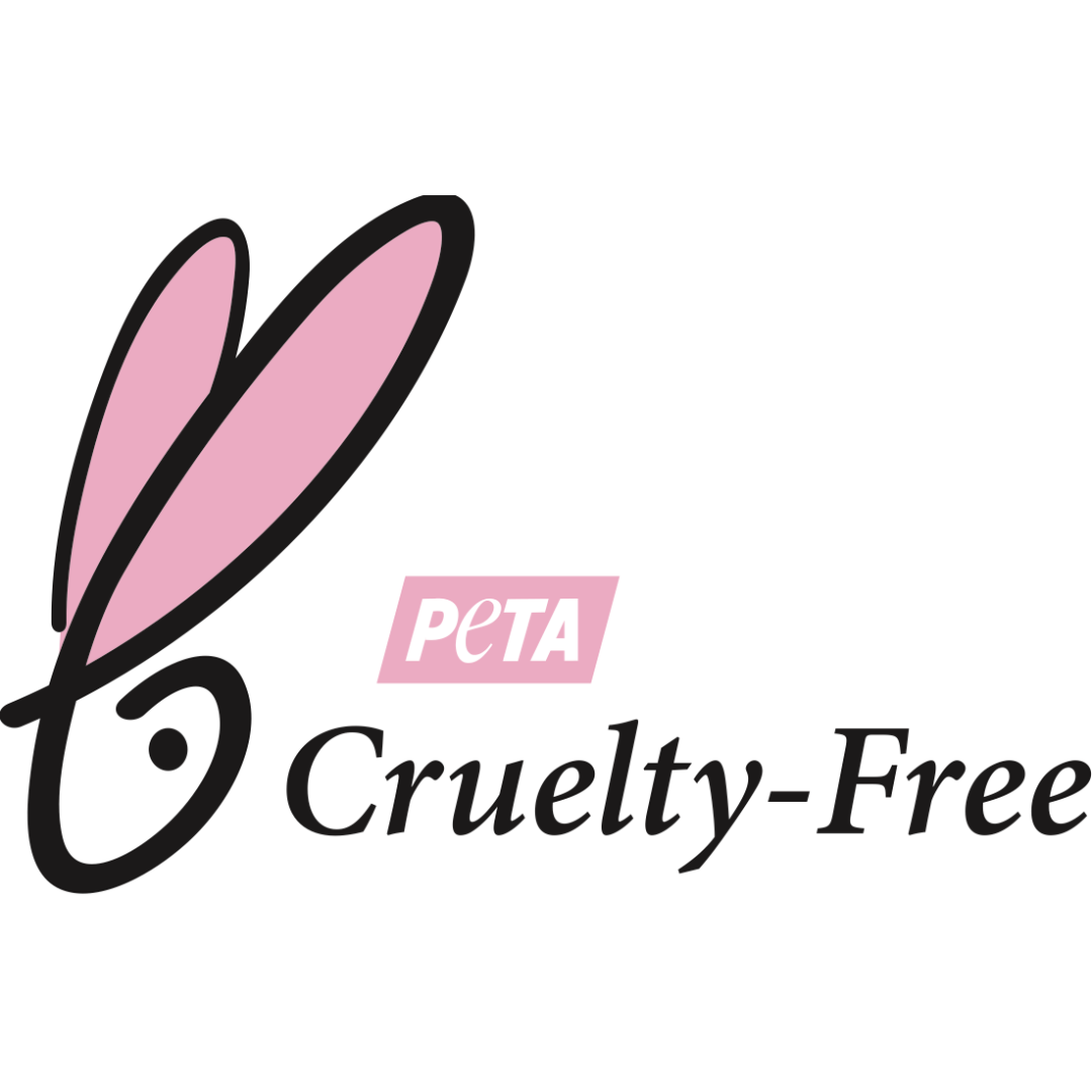 Logo featuring a stylised pink bunny ear forming the letter "v" in "vegan," next to "cruelty-free" text and a small "peta" emblem in pink, all symbolising animal-friendly practices