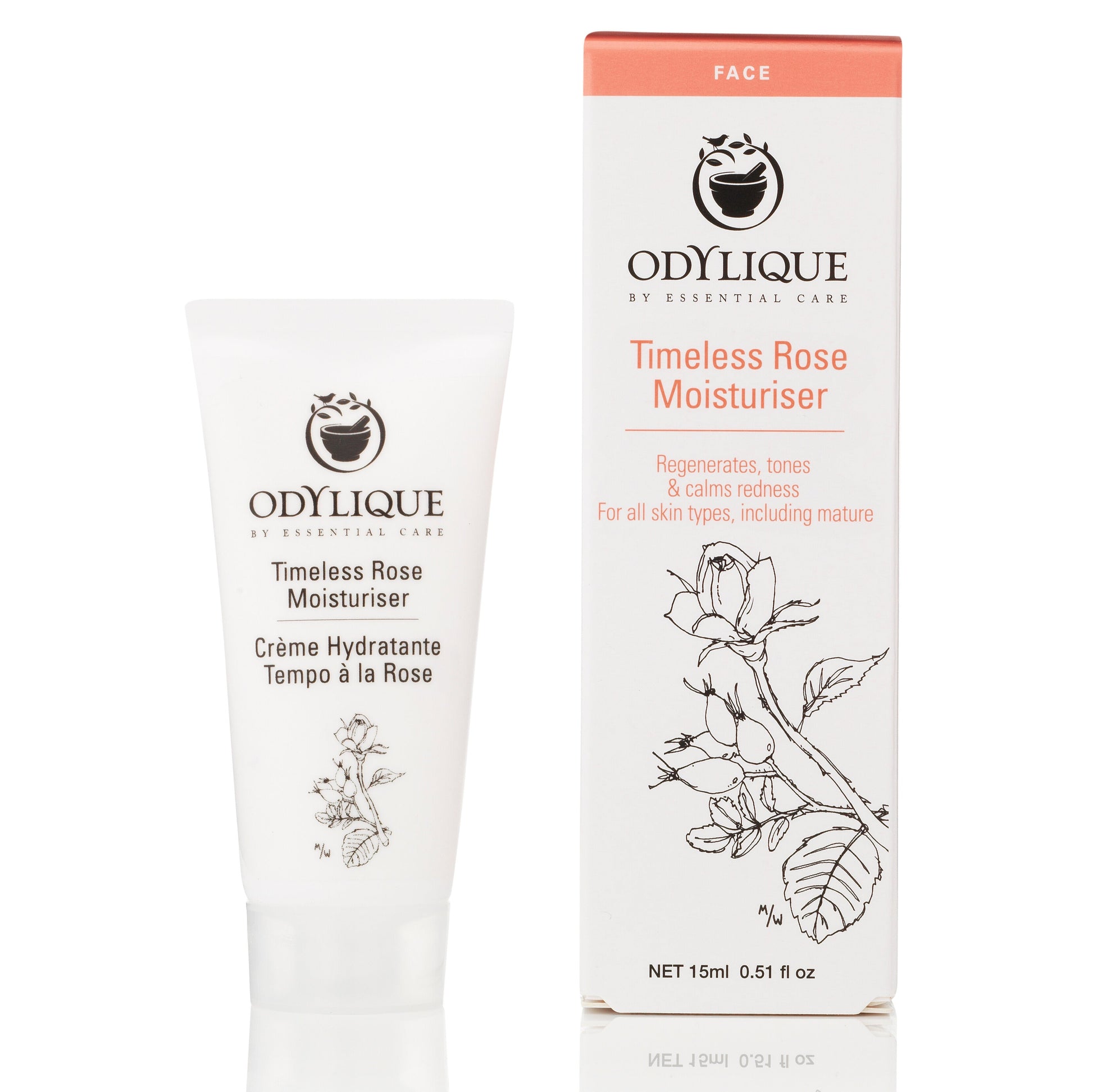 Odylique timeless rose moisturiser. Certified organic skincare. The 15ml white plastic tube is shown next to the paper box it comes in. It is illustrated with a leaf in black and pink text.