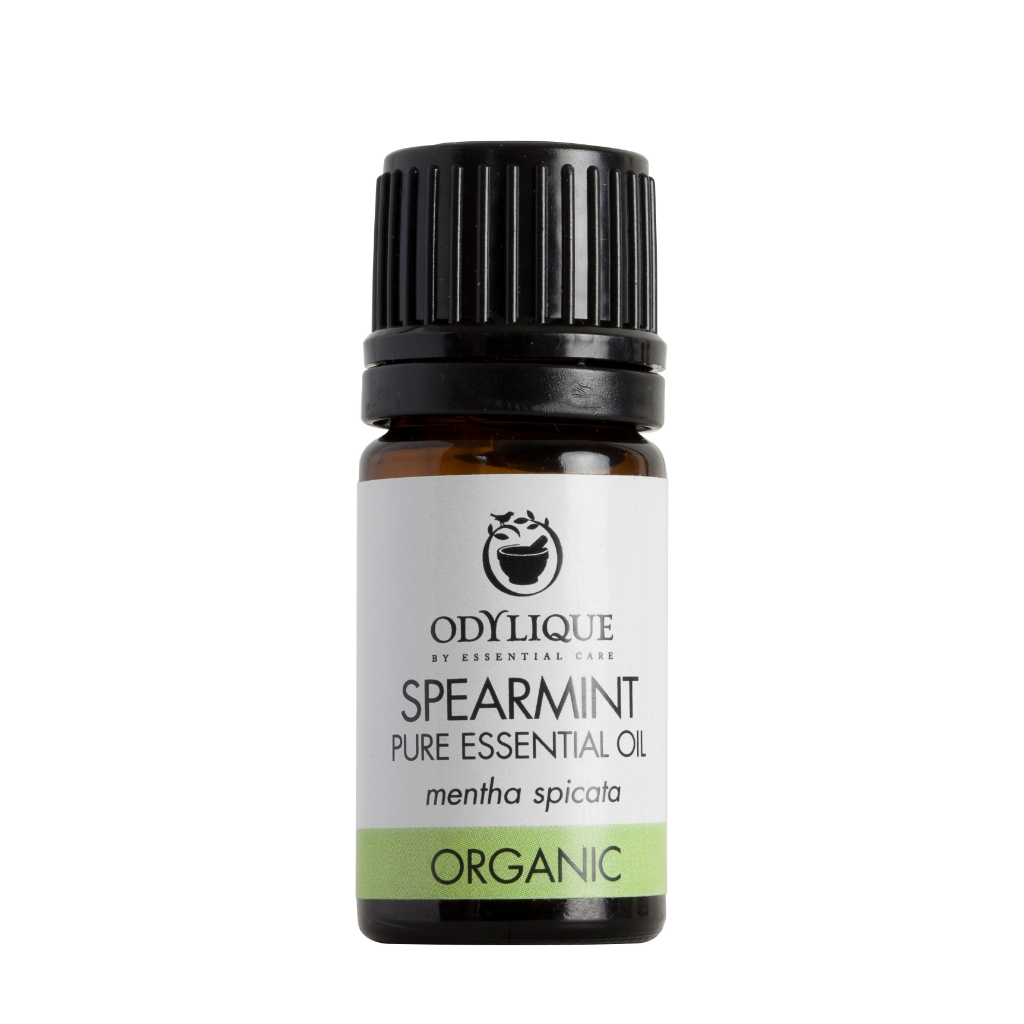 odylique soil association certified organic spearmint essential oil in an amber glass bottle and black recyclable plastic screw cap on a white background. The label is a white background with light green band along the bottom and reads odylique by essential care spearmint pure essential oil mentha spicata organic