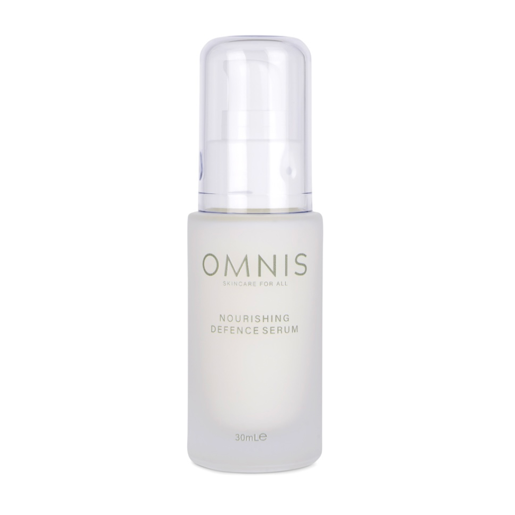 Photo of the Omnis nourishing defence serum in a glass bottle with a white pump