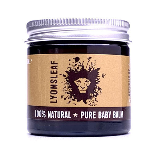 An amber gass jar of the lyonsleaf pure baby balm. It has a silver aluminium lid. The label is a light brown with dark brown logo and text.