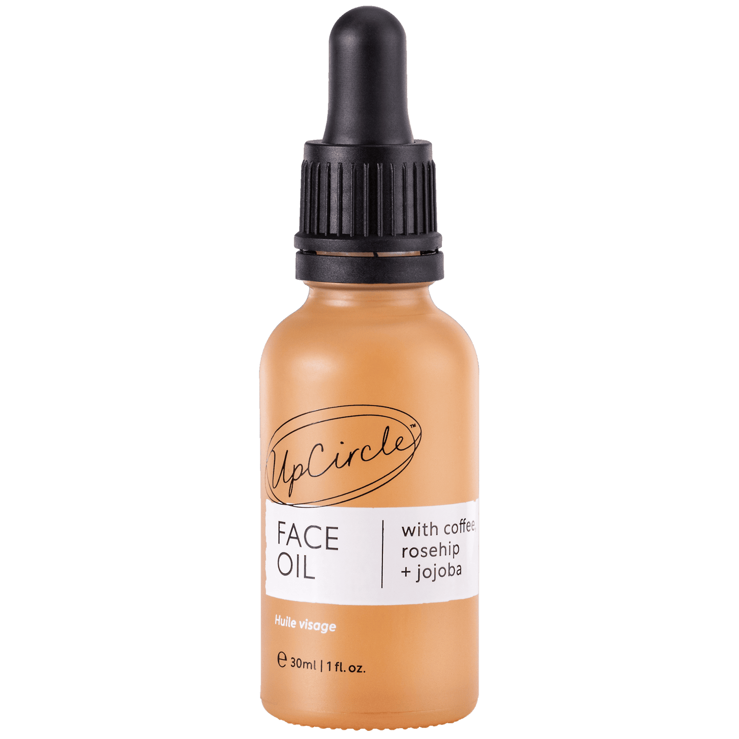 orange glass bottle of upcircle beauty's face oil with coffee, rosehip and jojoba with a black pipette lid