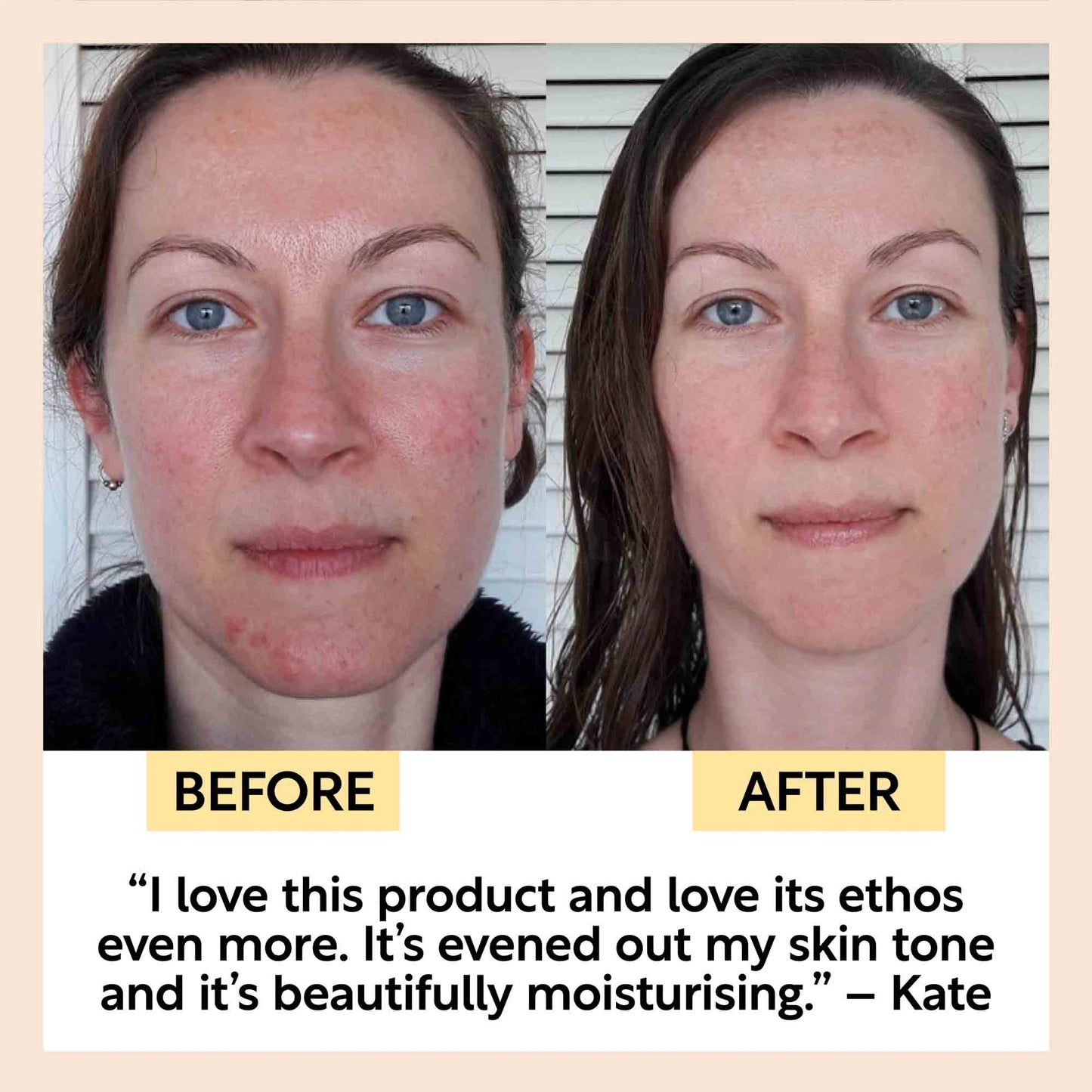 infographic with a side by side photo of a woman's face showing the results of using the upcircle face oil. She says: I've love this product and love its ethos even more. it's evened out my skin tone and it's beautifully moisturising