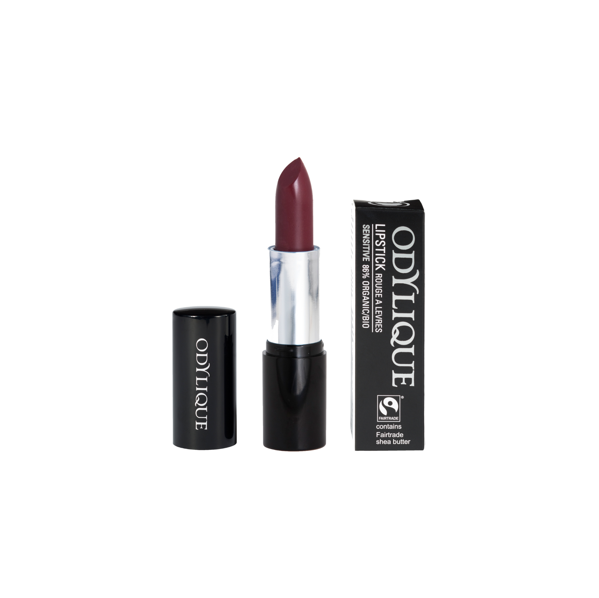 Odylique lipstick in blackberry smoothie (deliciously deep mauve) partially twisted up from its black tube, positioned next to its packaging.