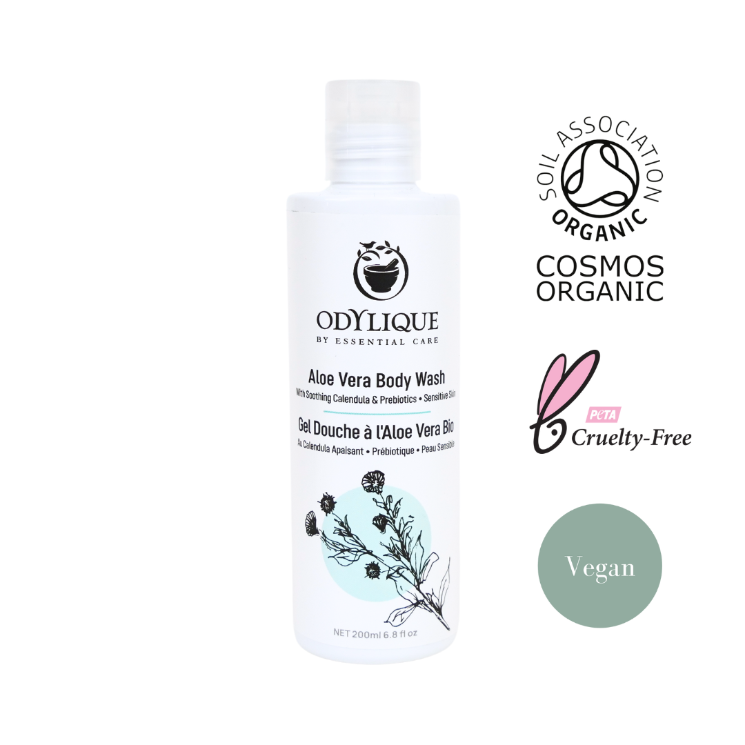 white recycled plastic shower gel bottle of odylique organic aloe vera body wash with certification logos on the right to show that it's organic, cruelty free and vegan