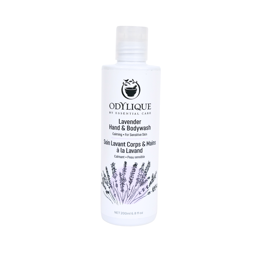 white recycled plastic bottle of odylique organic lavender showergel
