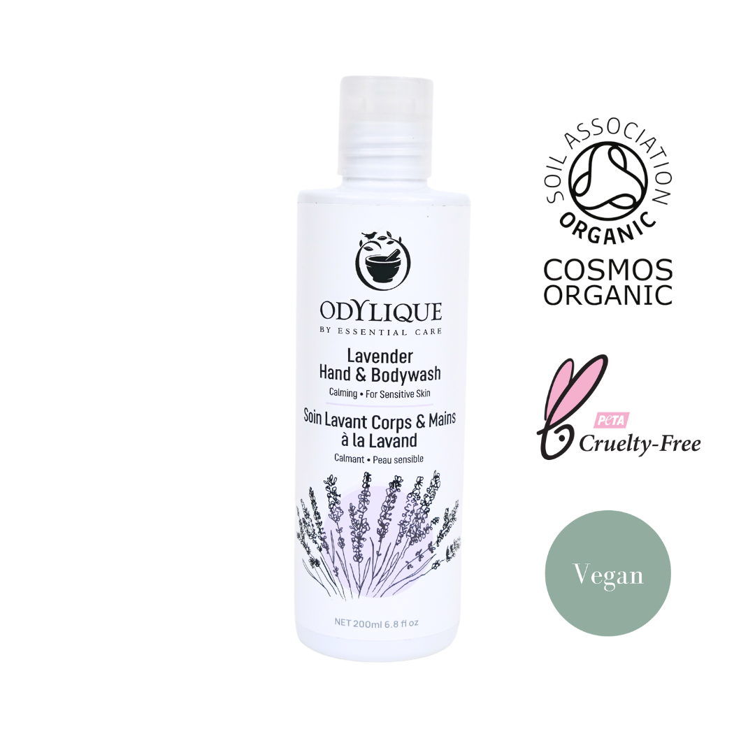 white recycled plastic bottle of organic lavender body wash. next to the bottle are certifications for organic, cruelty free and vegan friendliness
