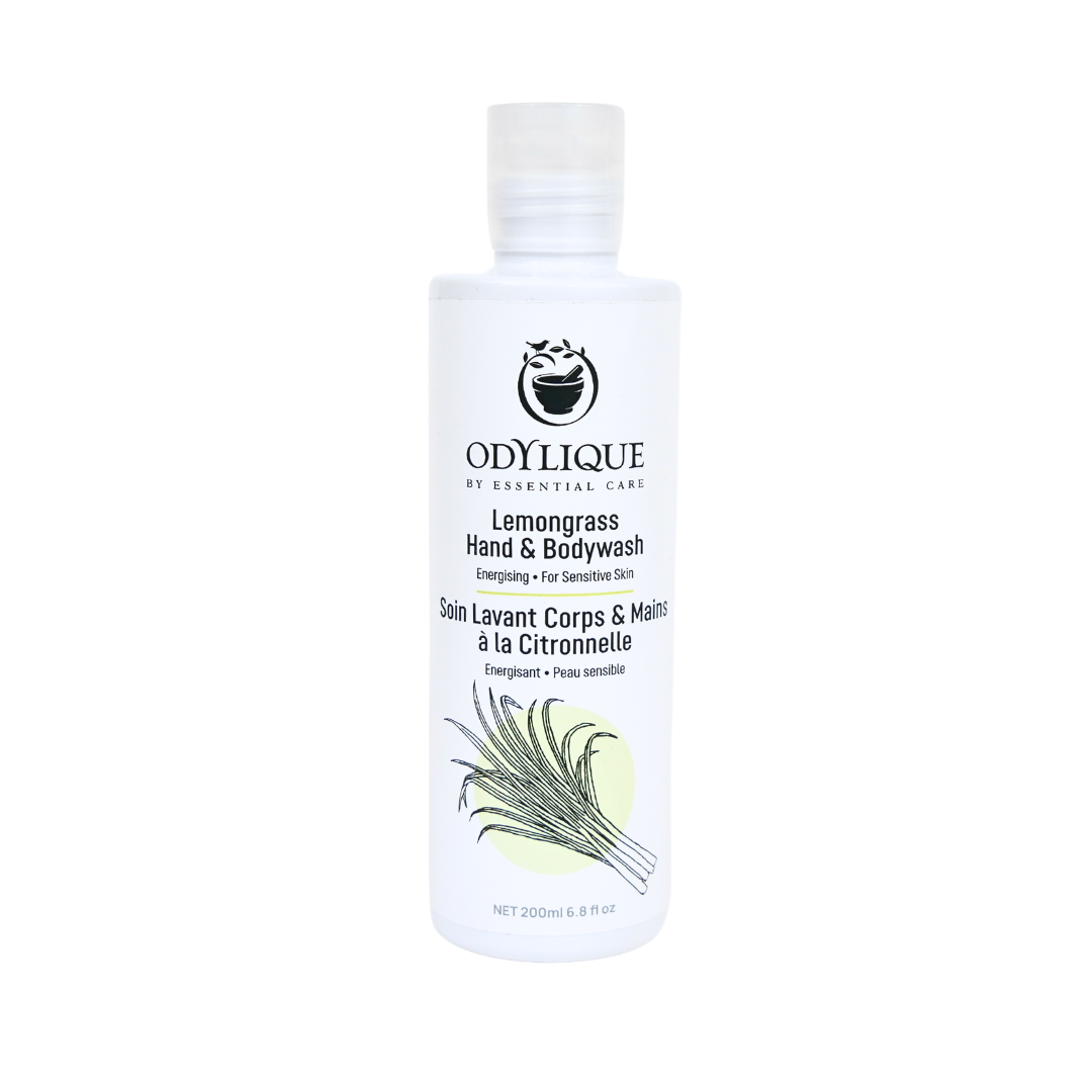 odylique lemongrass body wash bottle on a white background. white bottle with touches of lemon colour