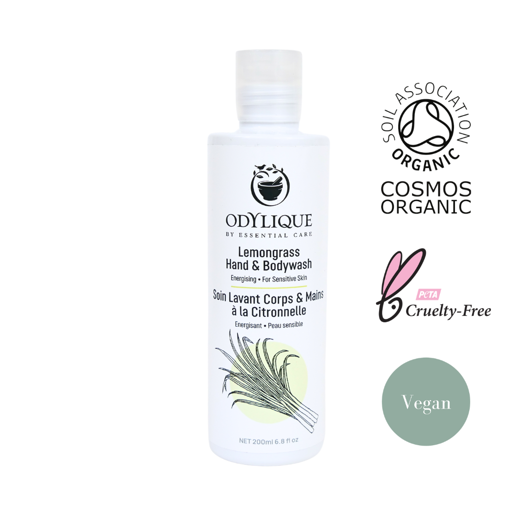 bottle of odylique lemongrass shower gel with certification logos alongside it to show that it's organic, cruelty free and vegan
