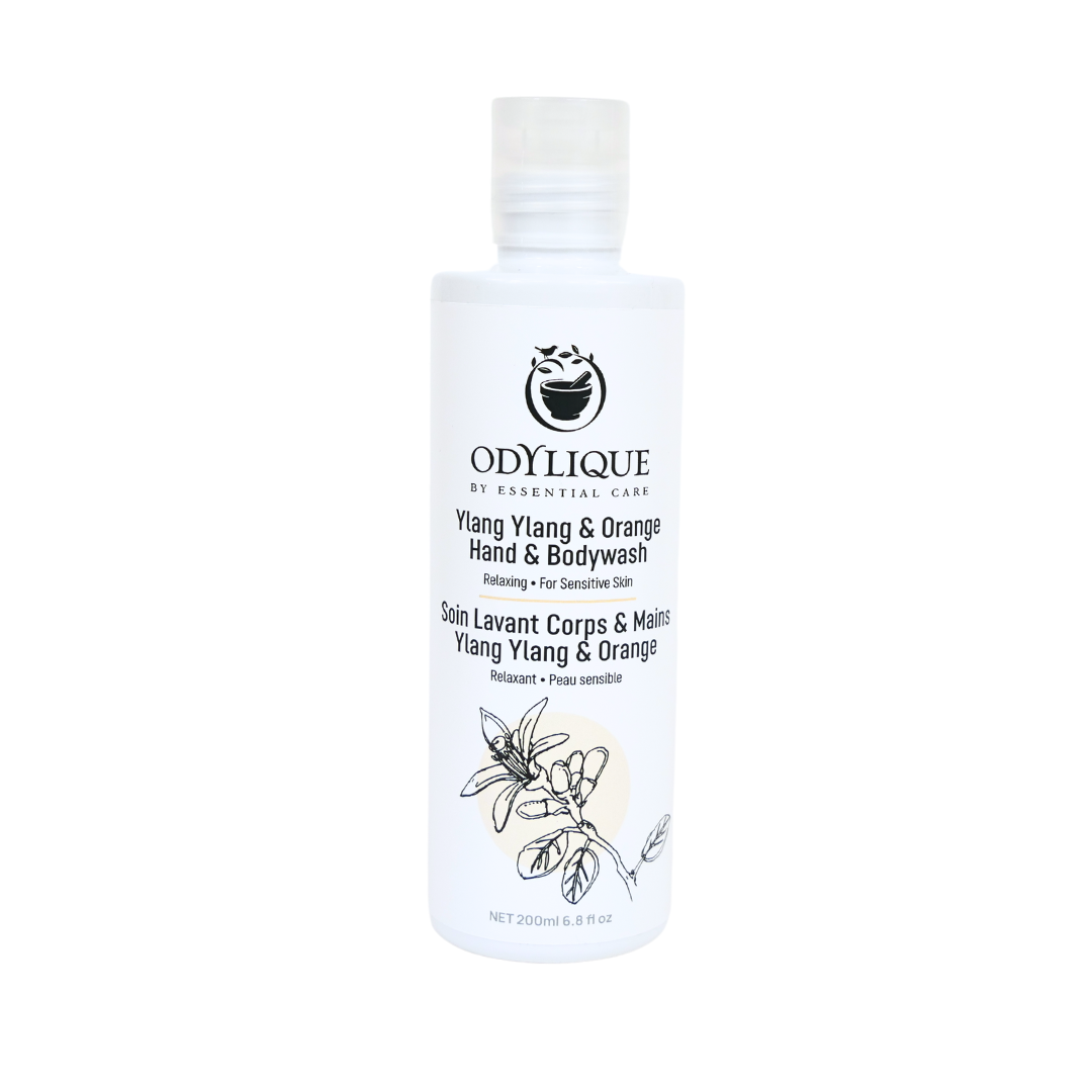 white recycled plastic bottle of odylique organic shower gel scented with essential oils of ylang ylang and orange