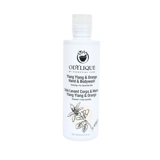 white recycled plastic bottle of odylique organic shower gel scented with essential oils of ylang ylang and orange