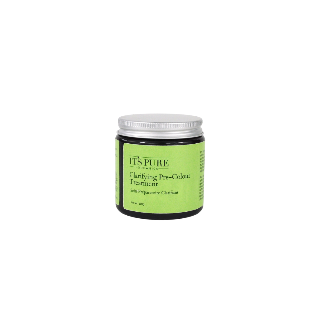 Amber glass jar of the It’s Pure Clarifying Pre-Colour Treatment. The product label a light green with dark green text.