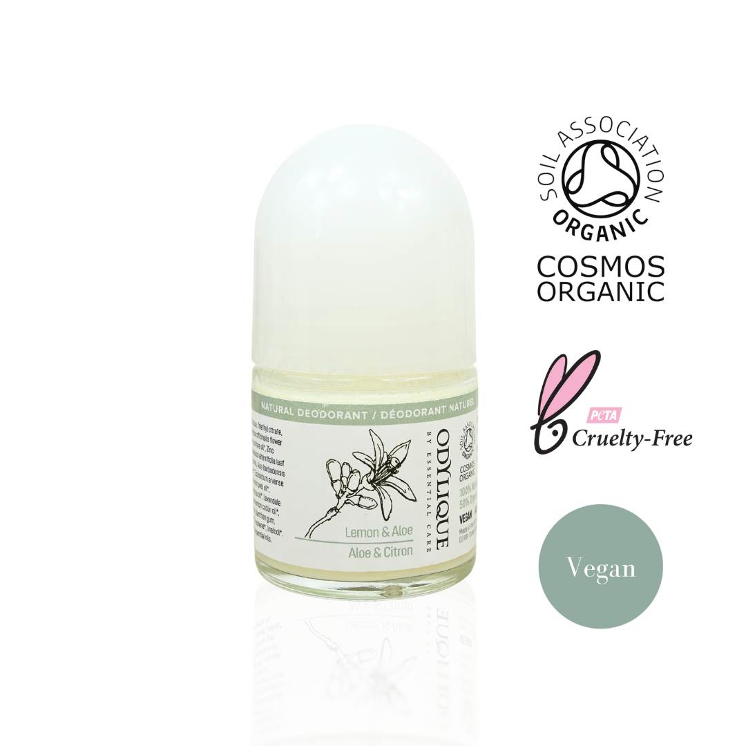 odylique lemon and aloe vera roll on deodorant photograph shown with certification logos on the right hand side which show that the product is organic, cruelty free and vegan