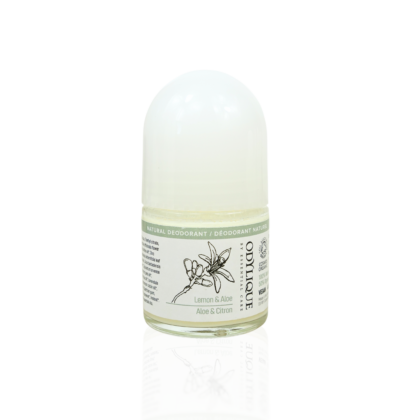 glass bottle of odylique lemon and aloe vera roll on deodorant with a hard white plastic lid
