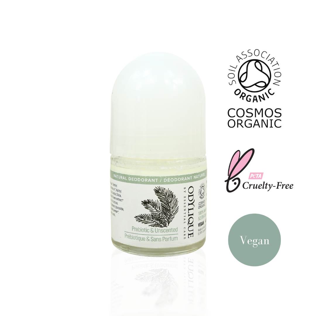 odylique gentle prebiotic deodorant with organic, cruelty free and vegan certification logos on the right hand side