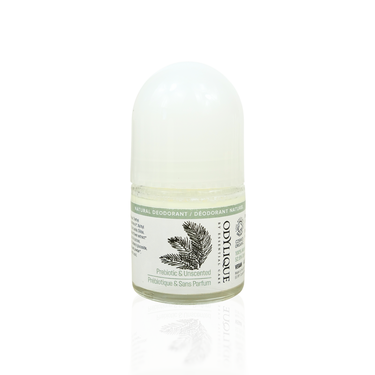 glass bottle roll on organic deodorant with hard plastic white lid