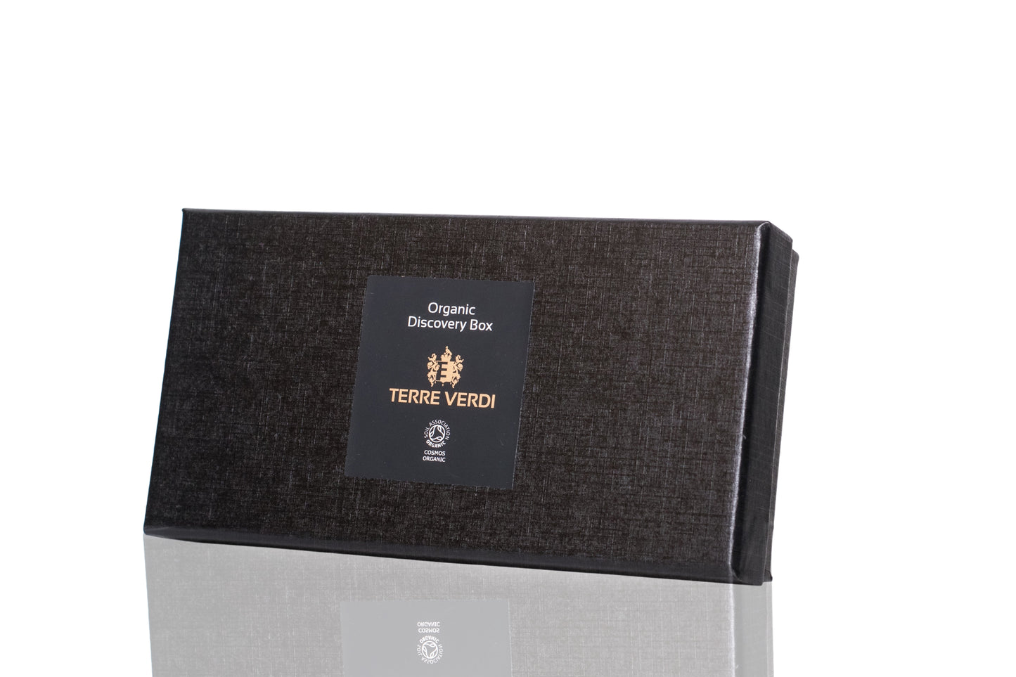 luxurious black gift box for the terre verdi organic skincare discovery gift set on a white background