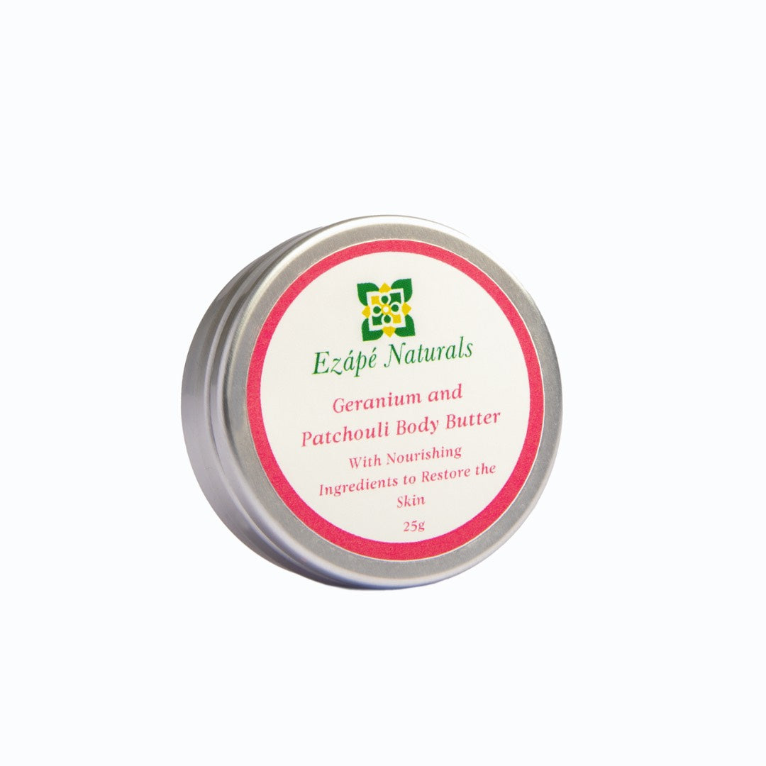 Ezape Naturals Geranium and Patchouli Body Butter round aluminium container with a white logo with pink and green text and a pink border on a white background