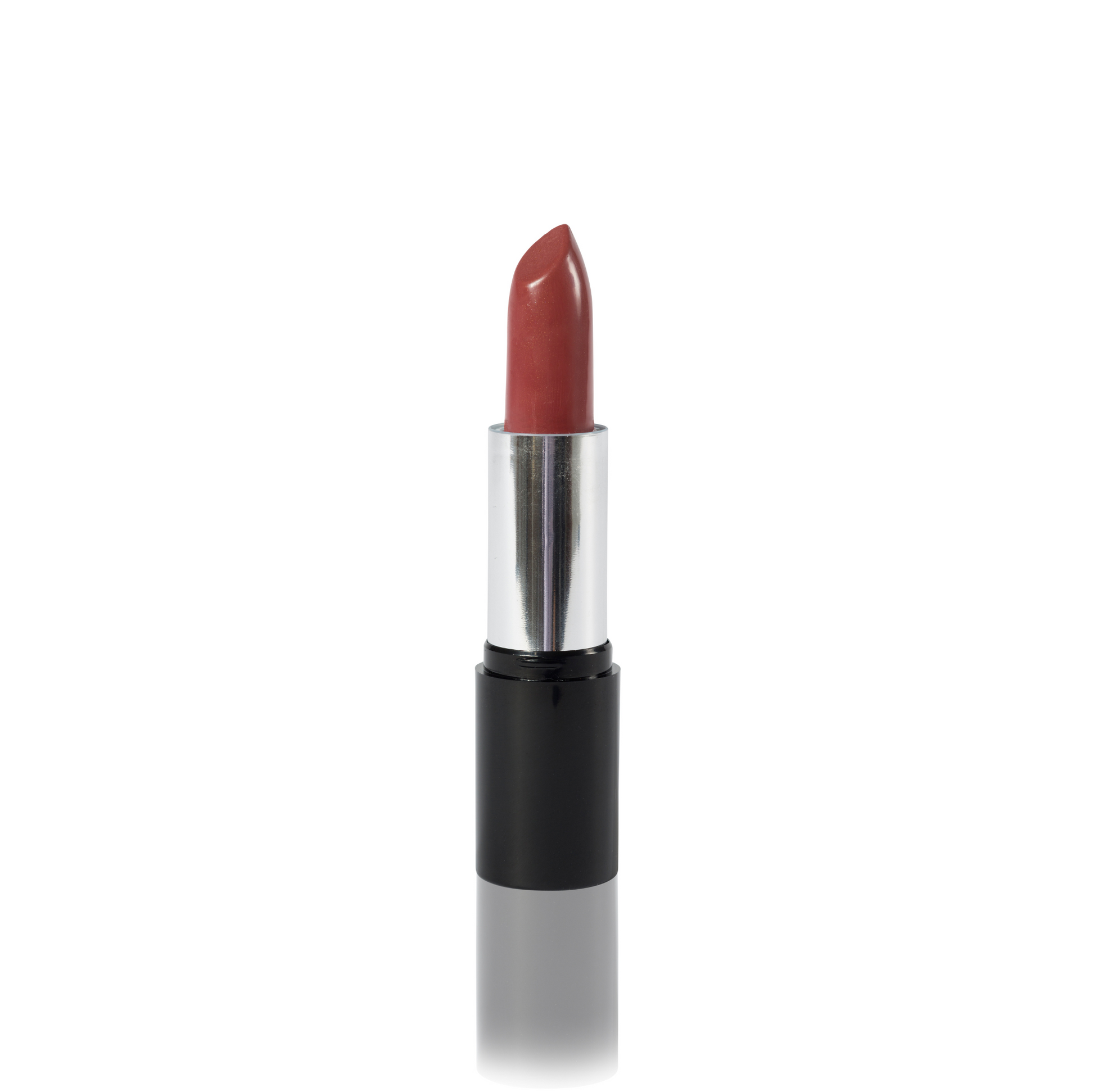 A single tube of the odylique fig fondant lipstick with the cap removed, revealing the warm burnished pinkshade, set against a plain white background.