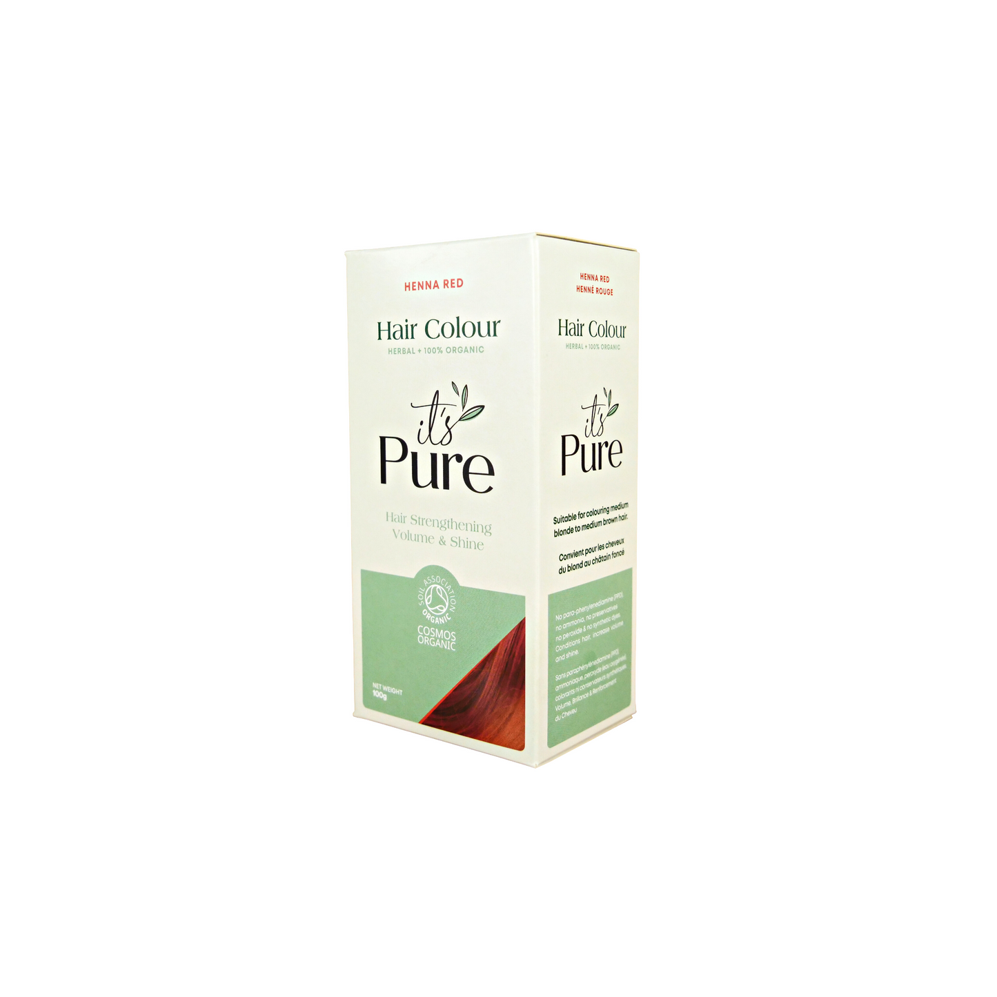 it's pure henna red semi permanent natural hair dye in light green and green box on white background