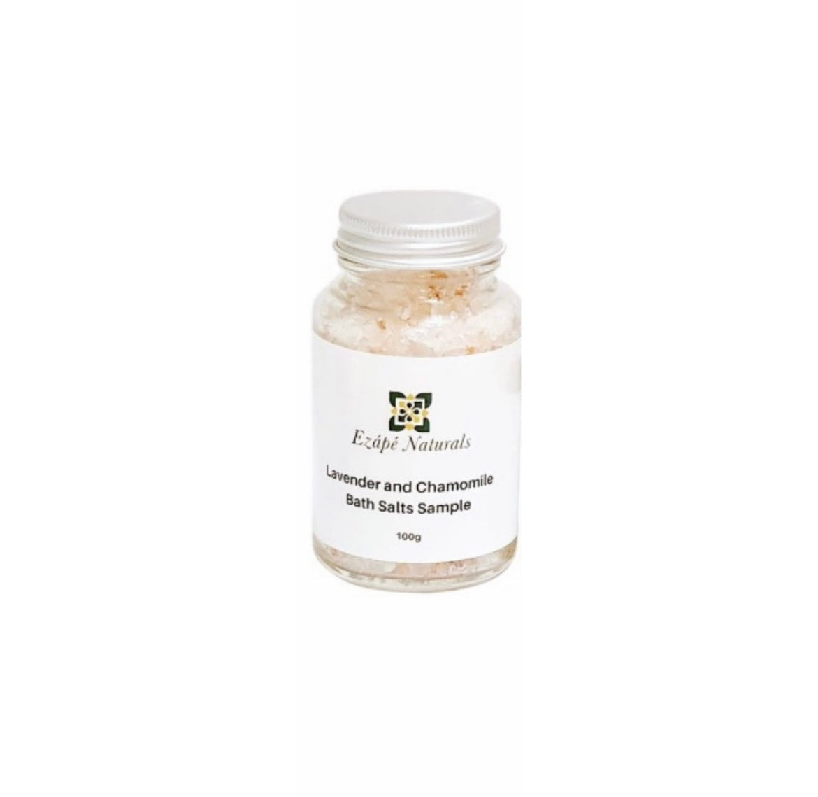 Glass Bottle of Lavender and Chamomile Bath Salts Sample by Ezape Naturals on a white background
