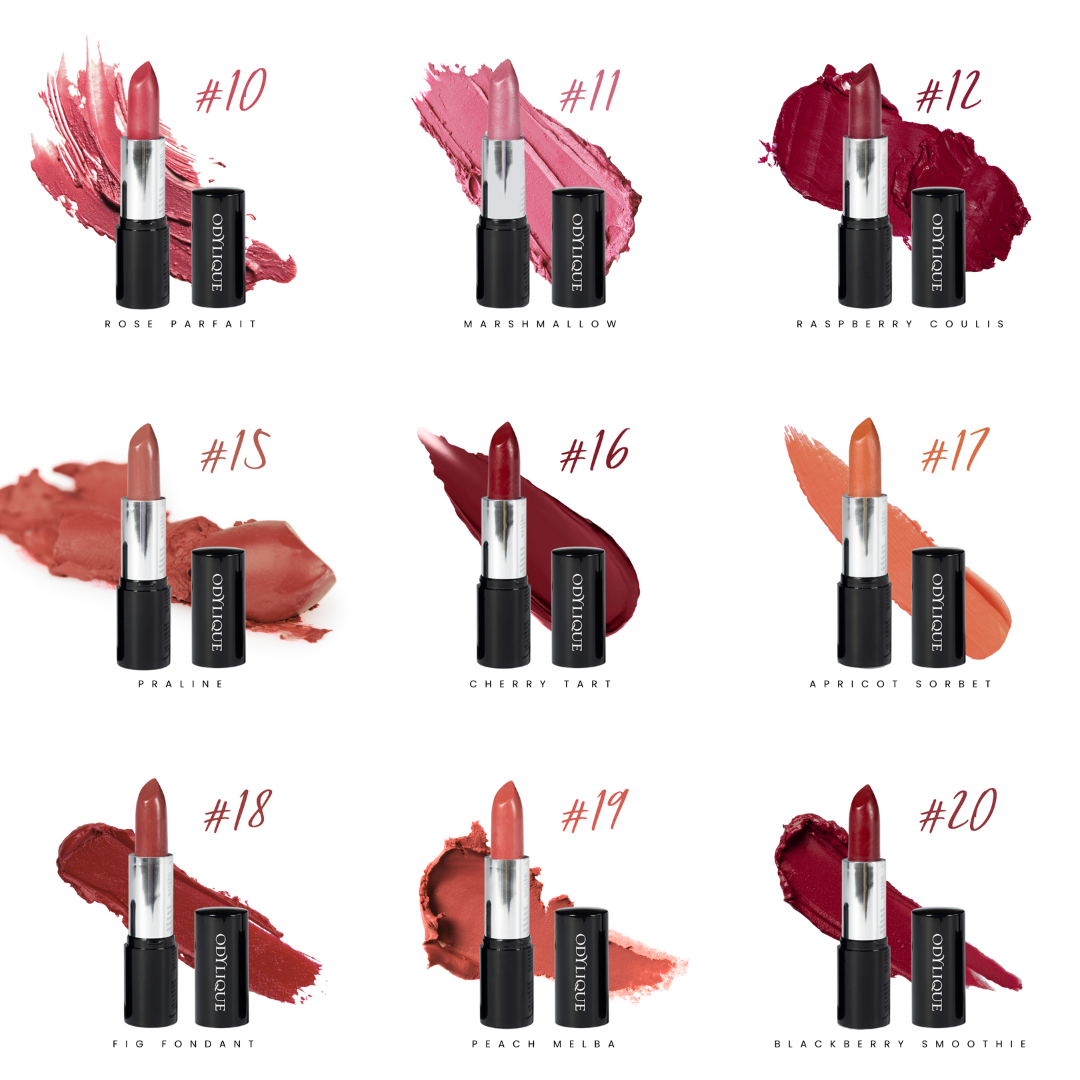 An array of Odylique lipstick shades, each accompanied by the lipstick colour swatch and tube. Each shade labelled with name and number. 