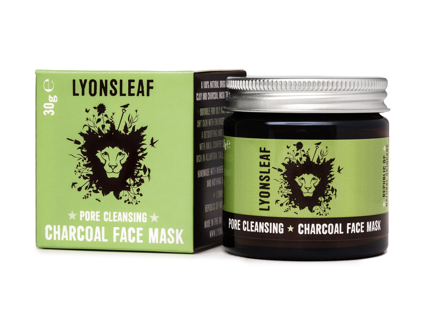 Lyonsleaf Charcoal Face Mask jar and packaging on a white background