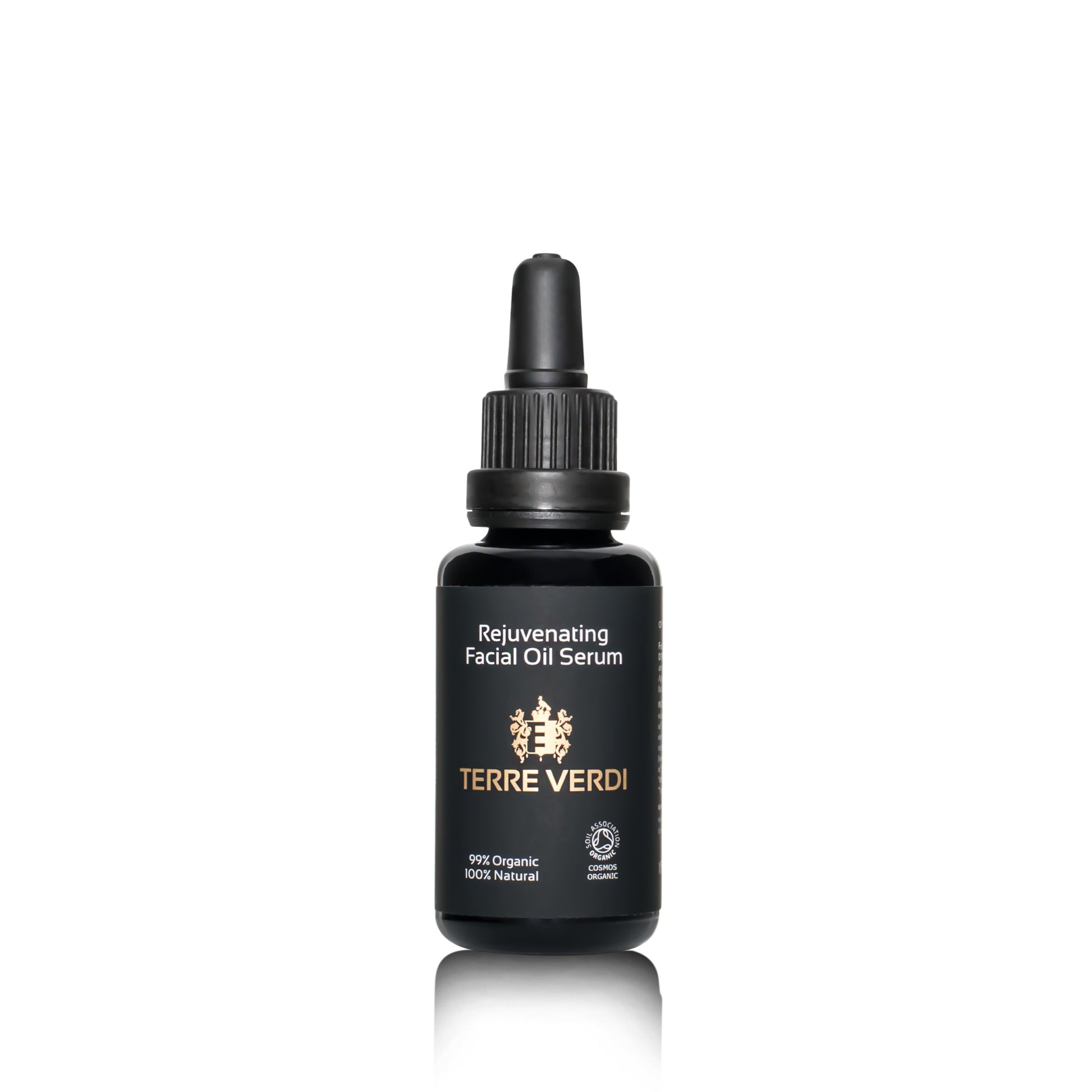 organic facial oil in a black bottle with pipette